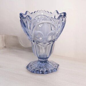 Vintage Blue Glass Footed Vase with Satin Fleur-de-lis Designs